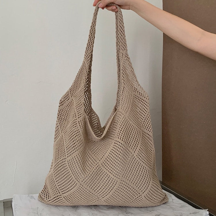 Boho Knit Tote Bag Large Capacity Shoulder Shopping Bag for Everyday Travel