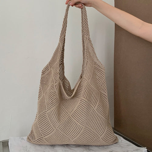 Boho Knit Tote Bag Large Capacity Shoulder Shopping Bag for Everyday Travel
