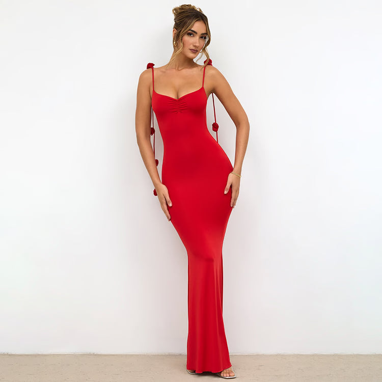 Maxi Evening Dress with Flower Decorated Straps and Sleeveless Neck Wrap