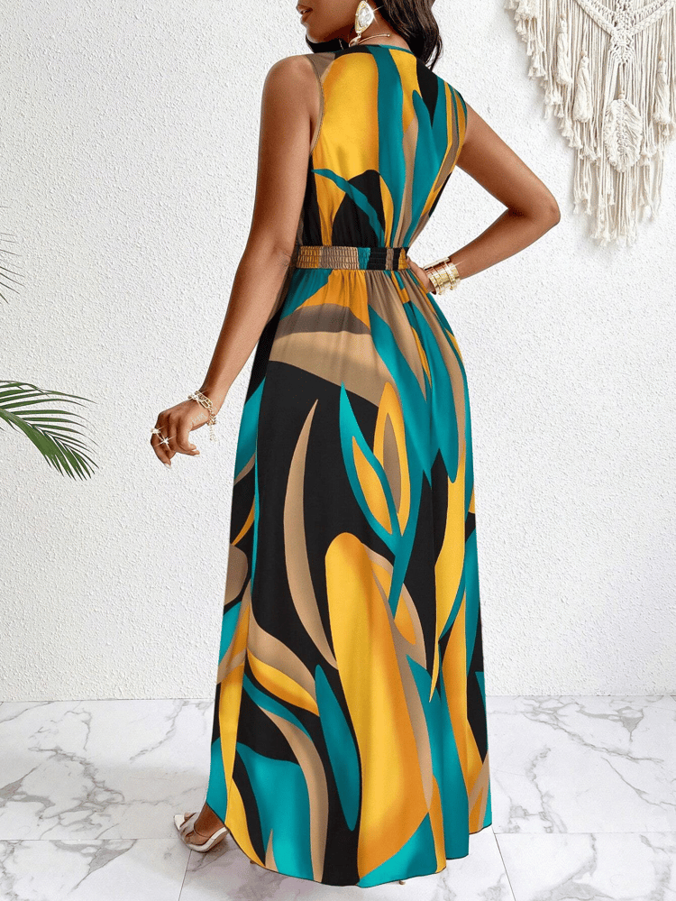 Tropical Print V-Neck Waist Section Cable Knit Fit And Flare Dress, Maxi Women Outfit, Perfect Summer Style