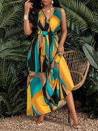 Tropical Print V-Neck Waist Section Cable Knit Fit And Flare Dress, Maxi Women Outfit, Perfect Summer Style