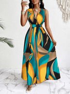 Tropical Print V-Neck Waist Section Cable Knit Fit And Flare Dress, Maxi Women Outfit, Perfect Summer Style