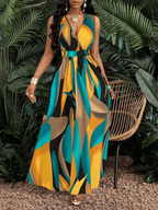 Tropical Print V-Neck Waist Section Cable Knit Fit And Flare Dress, Maxi Women Outfit, Perfect Summer Style