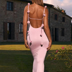 Maxi Evening Dress with Flower Decorated Straps and Sleeveless Neck Wrap
