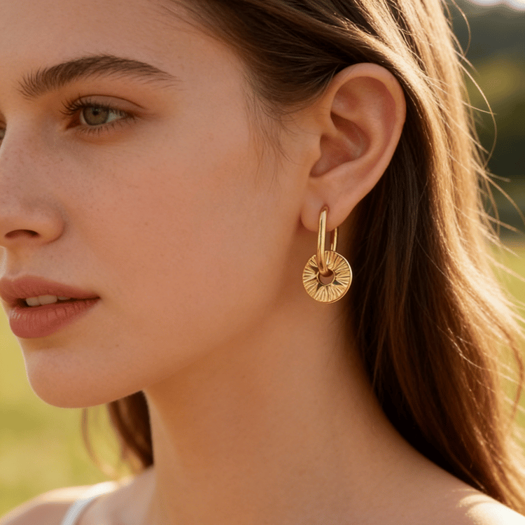 Radiant Gold Hoop Earrings with Sun Pendant Earrings in Gold Plated Stainless Steel